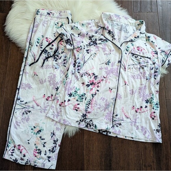 J Jill Cotton Modal Purple Floral Pajamas Set Sleep Ultrasoft Relaxed Tee XS - Picture 1 of 8